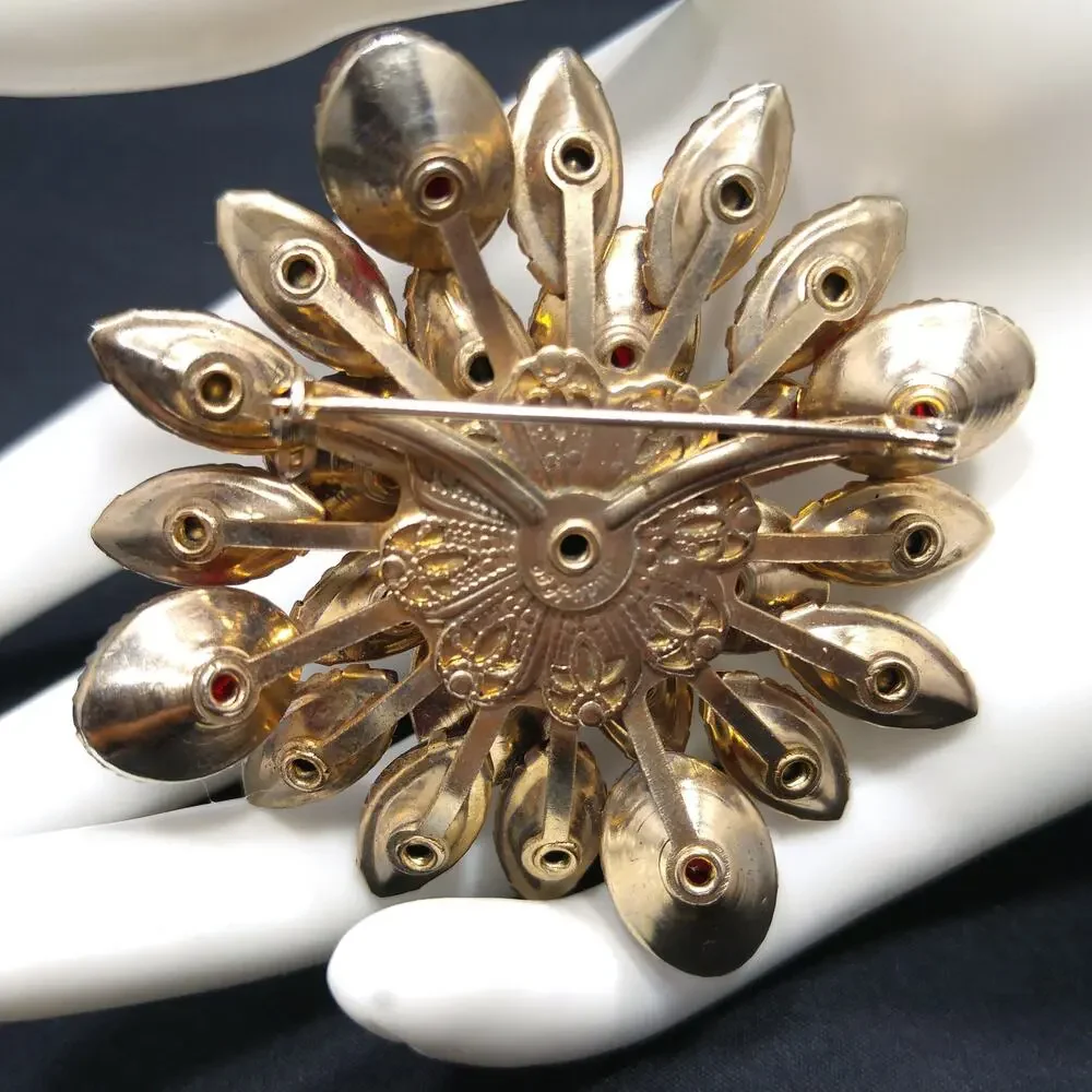 Judy Lee Red Rhinestone Brooch, Red Gold Molded Glass Petals, 1960s Vintage